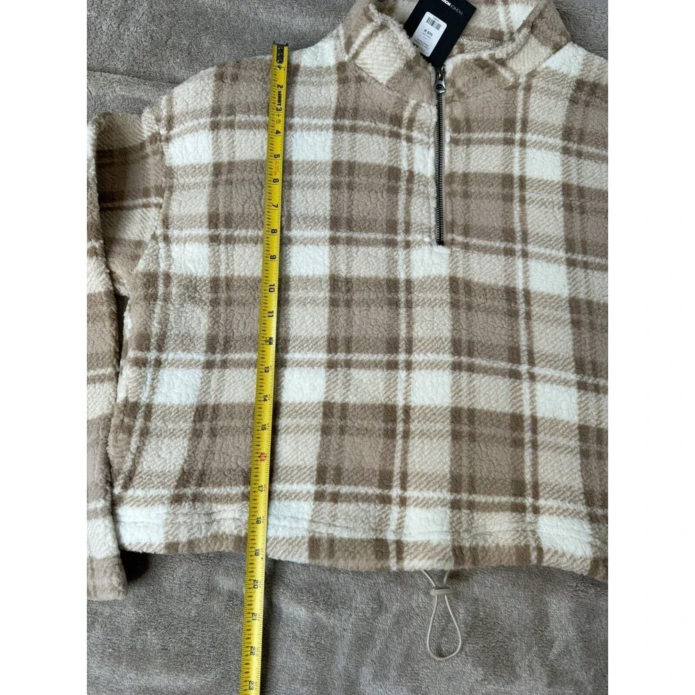 Fashion Nova Plaid Fleece Pullover Womens Cropped 1/2 Zip Teddy Sweater M